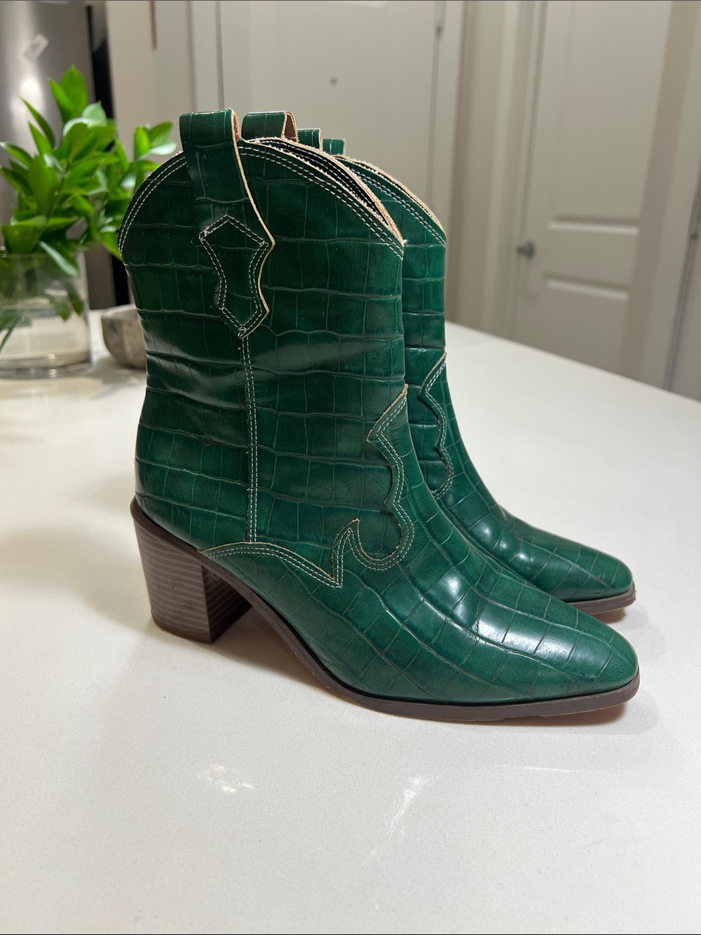 Green Croc-Embossed Western Ankle Boots - Women's